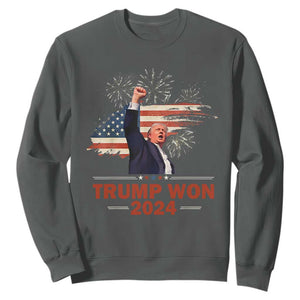 Trump Won 2024 Sweatshirt 47th President American Flag Raised Fist TS02 Dark Heather Print Your Wear