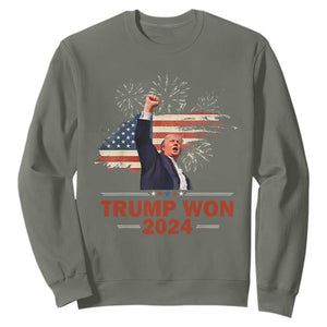 Trump Won 2024 Sweatshirt 47th President American Flag Raised Fist TS02 Military Green Print Your Wear