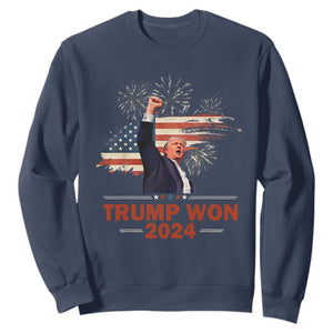 Trump Won 2024 Sweatshirt 47th President American Flag Raised Fist TS02 Navy Print Your Wear