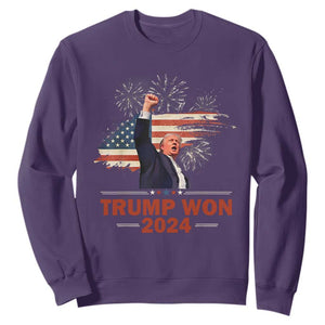 Trump Won 2024 Sweatshirt 47th President American Flag Raised Fist TS02 Purple Print Your Wear