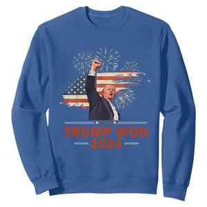 Trump Won 2024 Sweatshirt 47th President American Flag Raised Fist TS02 Royal Blue Print Your Wear