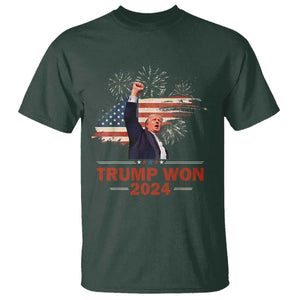 Trump Won 2024 T Shirt 47th President American Flag Raised Fist TS02 Dark Forest Green Print Your Wear