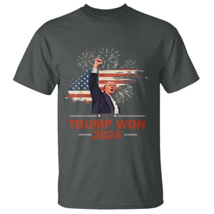 Trump Won 2024 T Shirt 47th President American Flag Raised Fist TS02 Dark Heather Print Your Wear