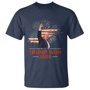 Trump Won 2024 T Shirt 47th President American Flag Raised Fist TS02 Navy Print Your Wear