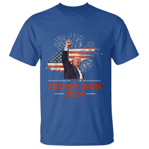 Trump Won 2024 T Shirt 47th President American Flag Raised Fist TS02 Royal Blue Print Your Wear