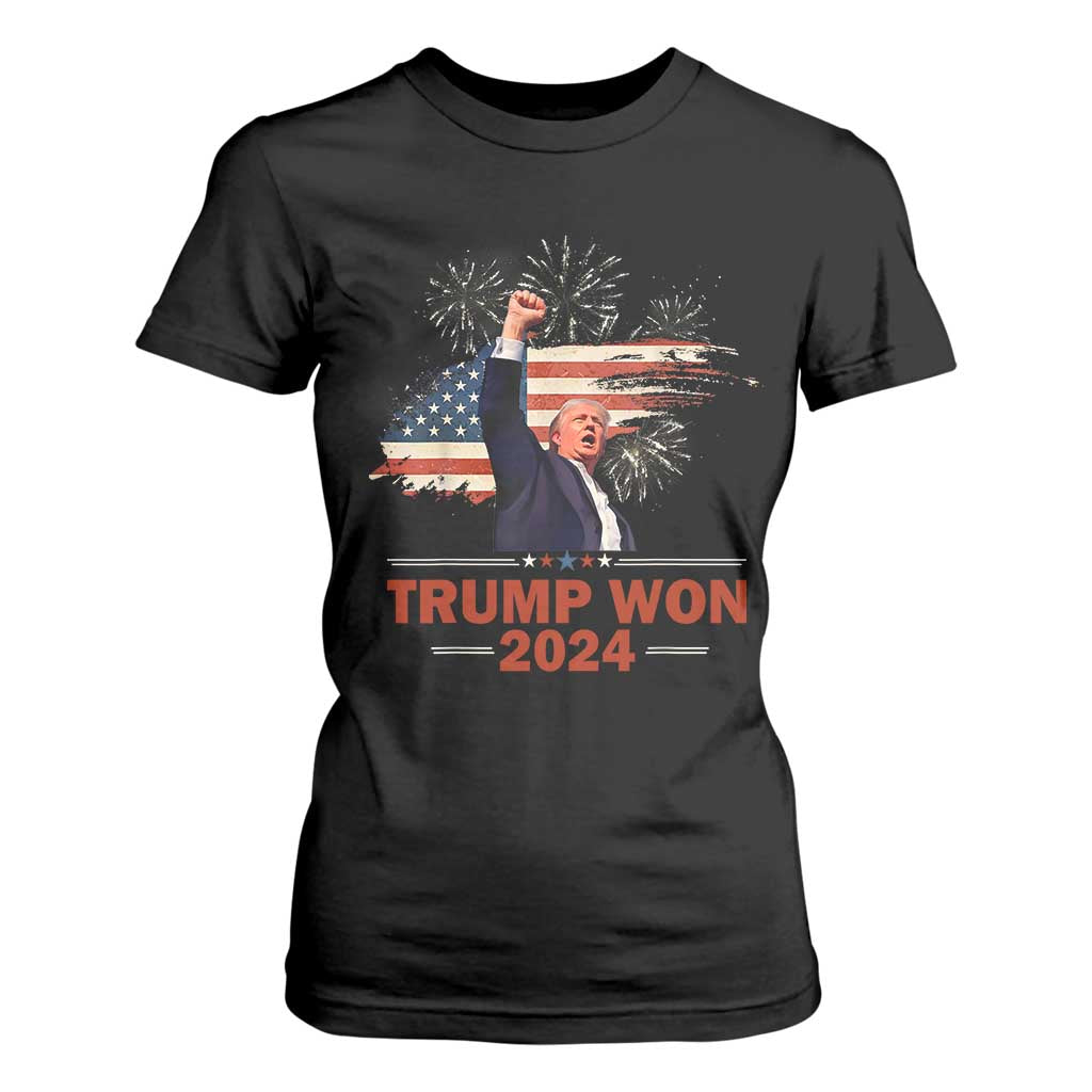 Trump Won 2024 T Shirt For Women 47th President American Flag Raised Fist TS02 Black Print Your Wear