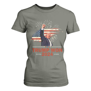 Trump Won 2024 T Shirt For Women 47th President American Flag Raised Fist TS02 Military Green Print Your Wear