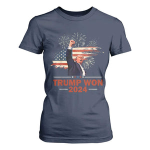 Trump Won 2024 T Shirt For Women 47th President American Flag Raised Fist TS02 Navy Print Your Wear