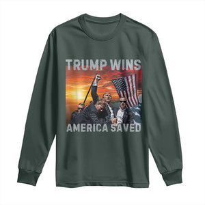 Trump 2024 Long Sleeve Shirt Trump Won America Saved American Flag TS02 Dark Forest Green Print Your Wear