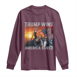 Trump 2024 Long Sleeve Shirt Trump Won America Saved American Flag TS02 Maroon Print Your Wear