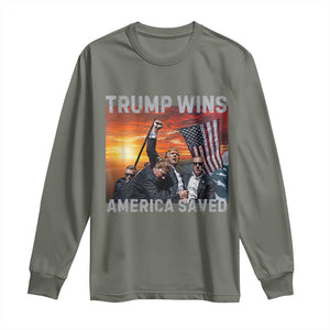 Trump 2024 Long Sleeve Shirt Trump Won America Saved American Flag TS02 Military Green Print Your Wear