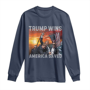 Trump 2024 Long Sleeve Shirt Trump Won America Saved American Flag TS02 Navy Print Your Wear