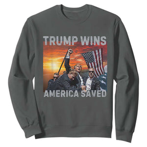 Trump 2024 Sweatshirt Trump Won America Saved American Flag TS02 Dark Heather Print Your Wear