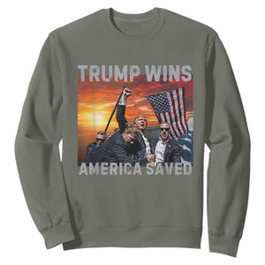 Trump 2024 Sweatshirt Trump Won America Saved American Flag TS02 Military Green Print Your Wear