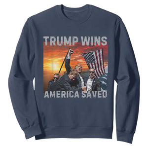 Trump 2024 Sweatshirt Trump Won America Saved American Flag TS02 Navy Print Your Wear