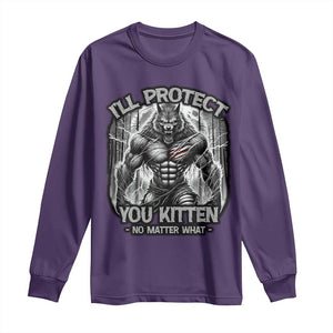 Funny Alpha Wolf Meme Long Sleeve Shirt I'll Protect You Kitten Humorous Cringe TS02 Purple Print Your Wear