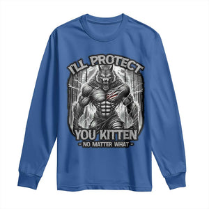 Funny Alpha Wolf Meme Long Sleeve Shirt I'll Protect You Kitten Humorous Cringe TS02 Royal Blue Print Your Wear