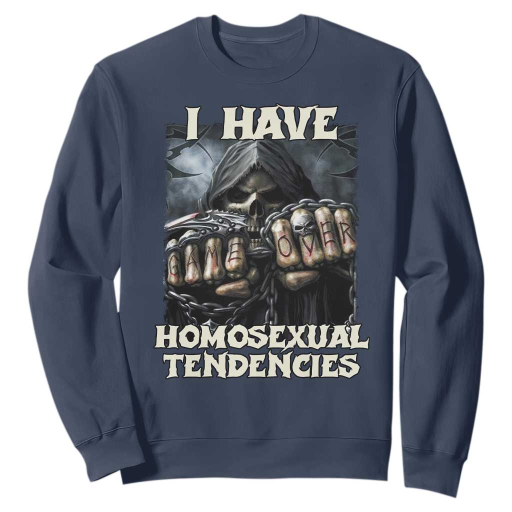 Skeleton Meme Sweatshirt I Have Homosexual Tendencies Funny Edgy Hard Cringe TS02 Navy Print Your Wear