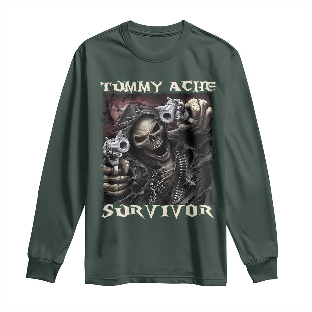 Skeleton Meme Long Sleeve Shirt Tummy Ache Survivor Funny Cool Edgy Hard Cringe TS02 Dark Forest Green Print Your Wear