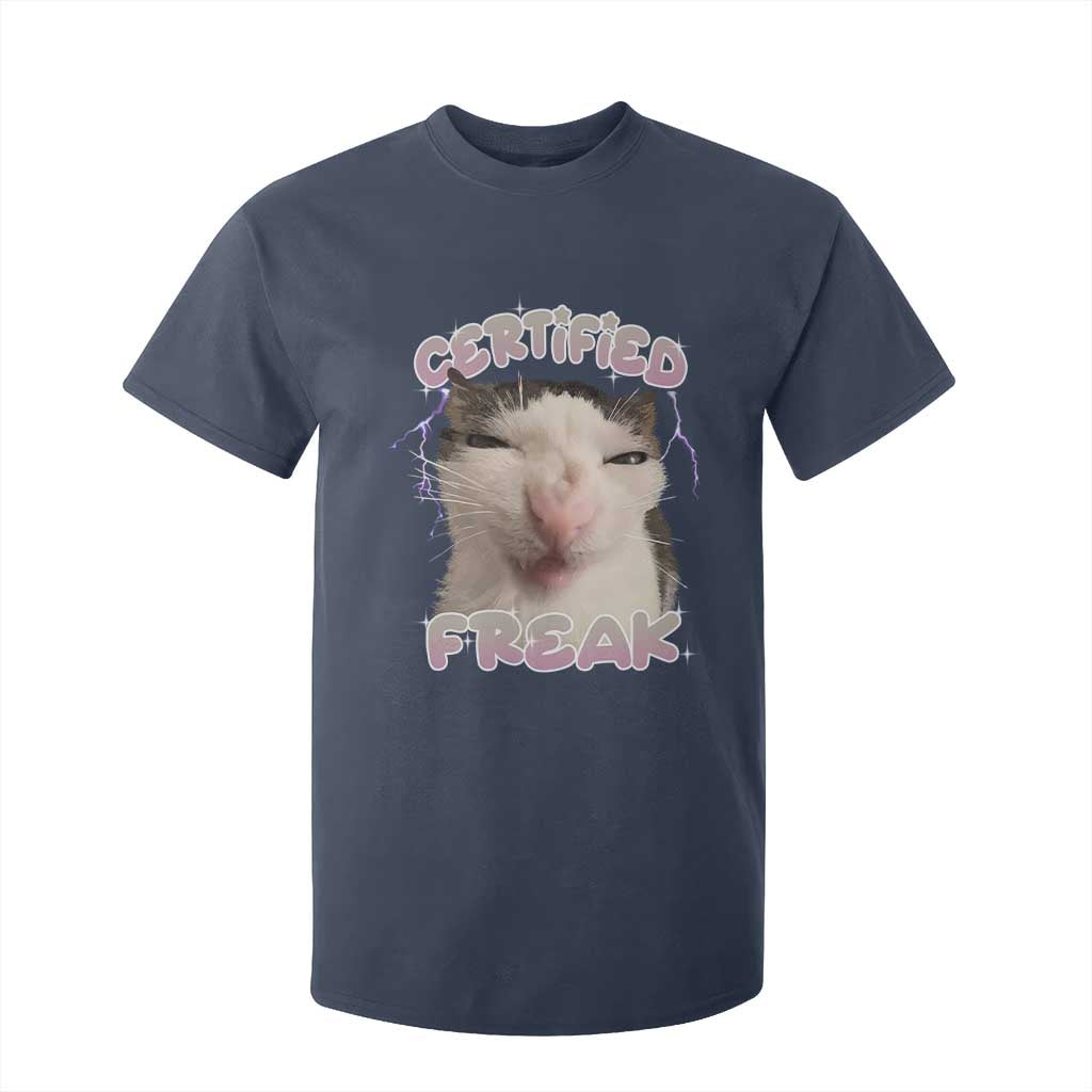 Funny Cat Meme T Shirt For Kid Certified Freak Eat Cement Cursed Cat TS02 Navy Print Your Wear