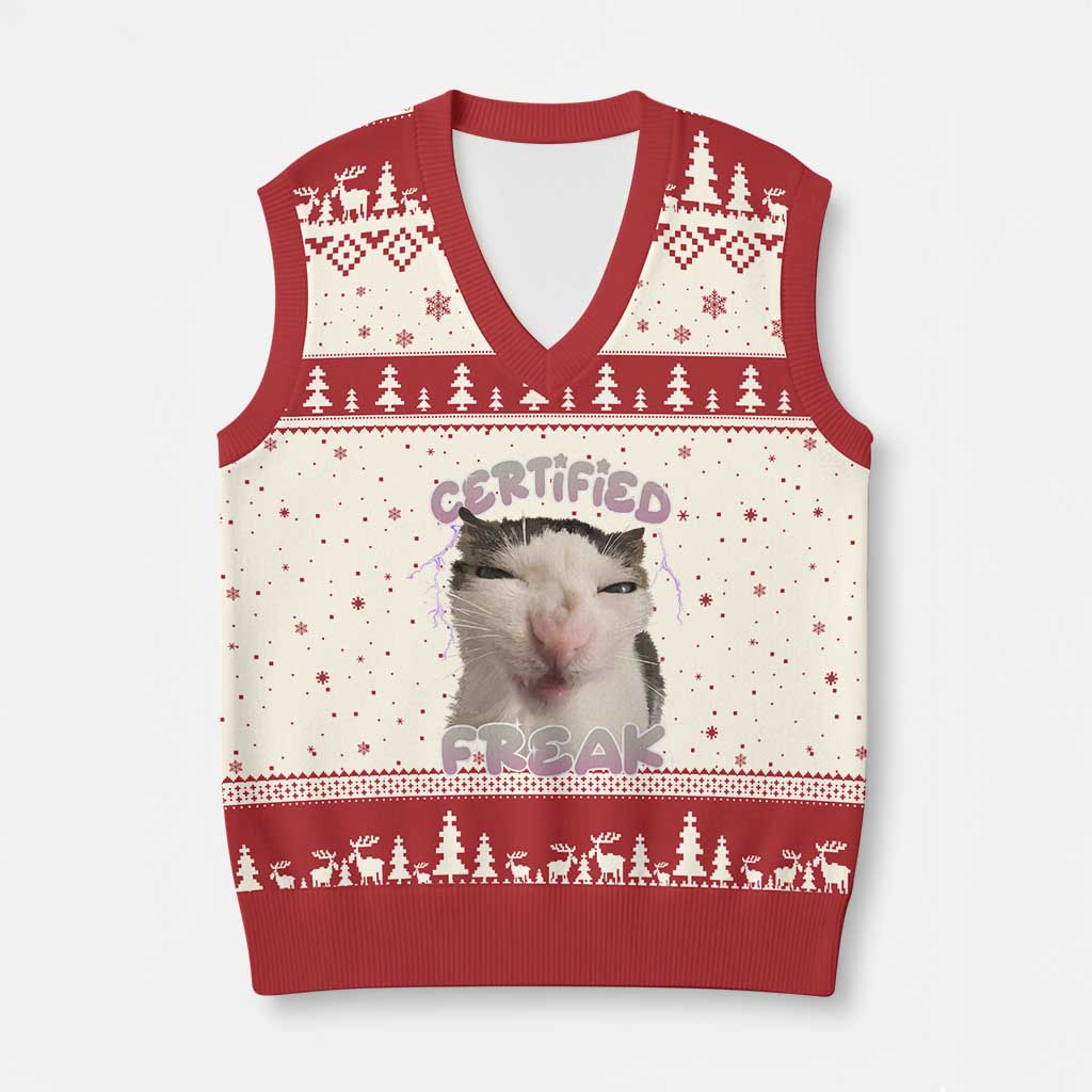 Funny Cat Meme V-Neck Knit Sweater Vest Certified Freak Eat Cement Cursed Cat TS02 Beige Red Print Your Wear