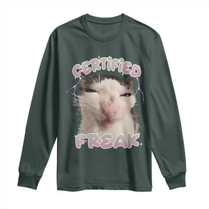 Funny Cat Meme Long Sleeve Shirt Certified Freak Eat Cement Cursed Cat TS02 Dark Forest Green Print Your Wear