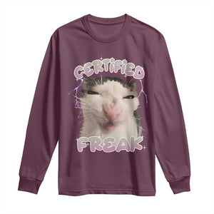 Funny Cat Meme Long Sleeve Shirt Certified Freak Eat Cement Cursed Cat TS02 Maroon Print Your Wear