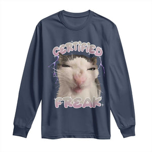 Funny Cat Meme Long Sleeve Shirt Certified Freak Eat Cement Cursed Cat TS02 Navy Print Your Wear