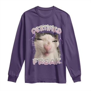 Funny Cat Meme Long Sleeve Shirt Certified Freak Eat Cement Cursed Cat TS02 Purple Print Your Wear