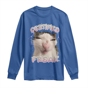 Funny Cat Meme Long Sleeve Shirt Certified Freak Eat Cement Cursed Cat TS02 Royal Blue Print Your Wear