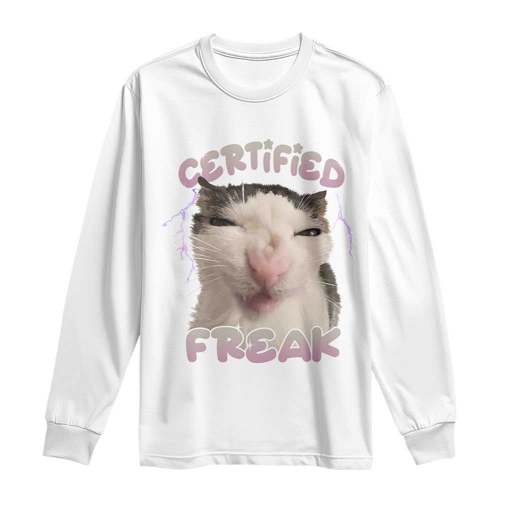 Funny Cat Meme Long Sleeve Shirt Certified Freak Eat Cement Cursed Cat TS02 White Print Your Wear