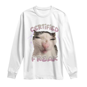 Funny Cat Meme Long Sleeve Shirt Certified Freak Eat Cement Cursed Cat TS02 White Print Your Wear