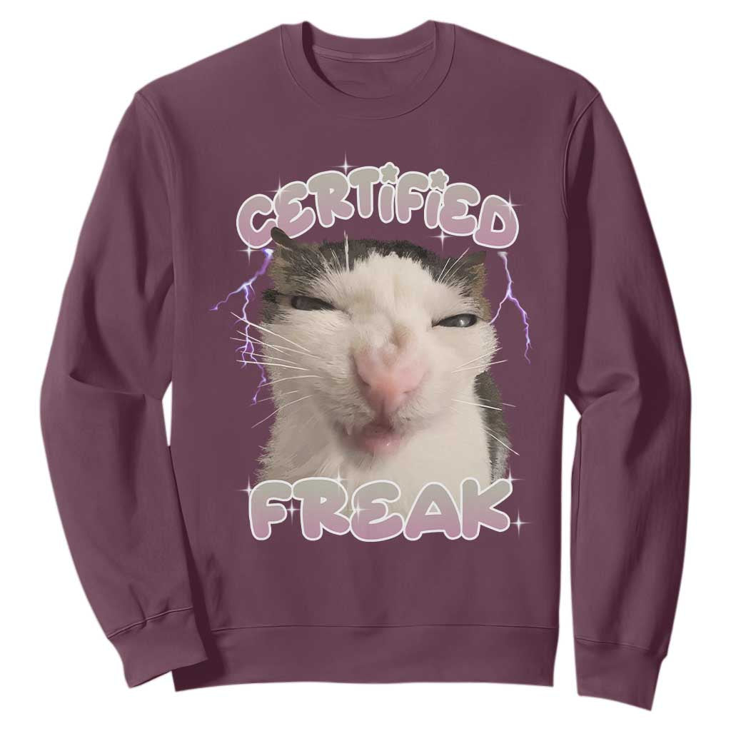 Funny Cat Meme Sweatshirt Certified Freak Eat Cement Cursed Cat TS02 Maroon Print Your Wear