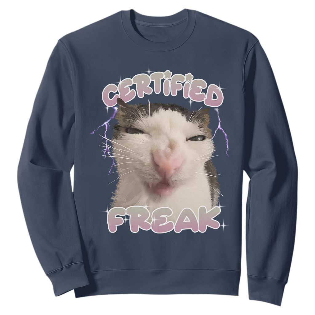 Funny Cat Meme Sweatshirt Certified Freak Eat Cement Cursed Cat TS02 Navy Print Your Wear
