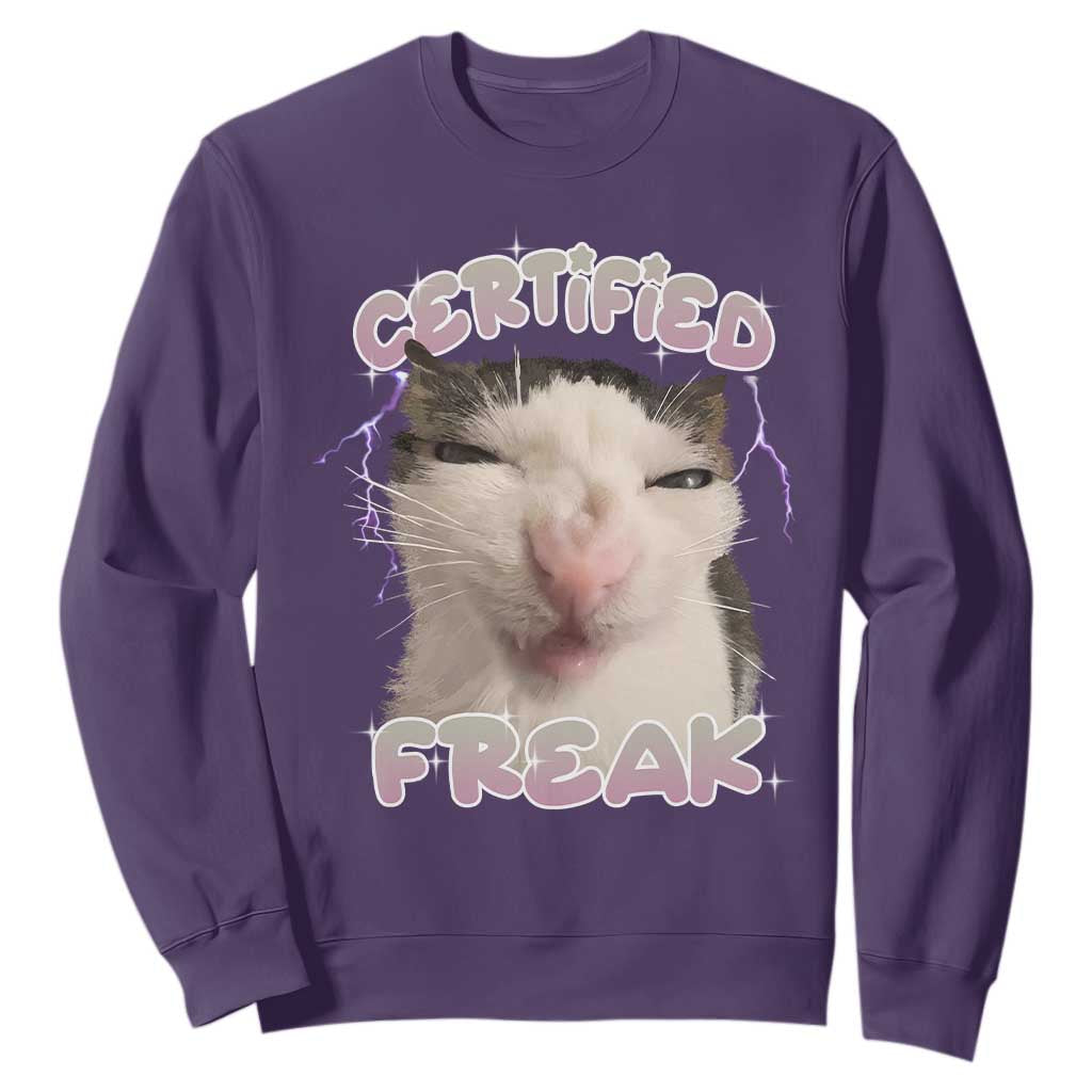 Funny Cat Meme Sweatshirt Certified Freak Eat Cement Cursed Cat TS02 Purple Print Your Wear