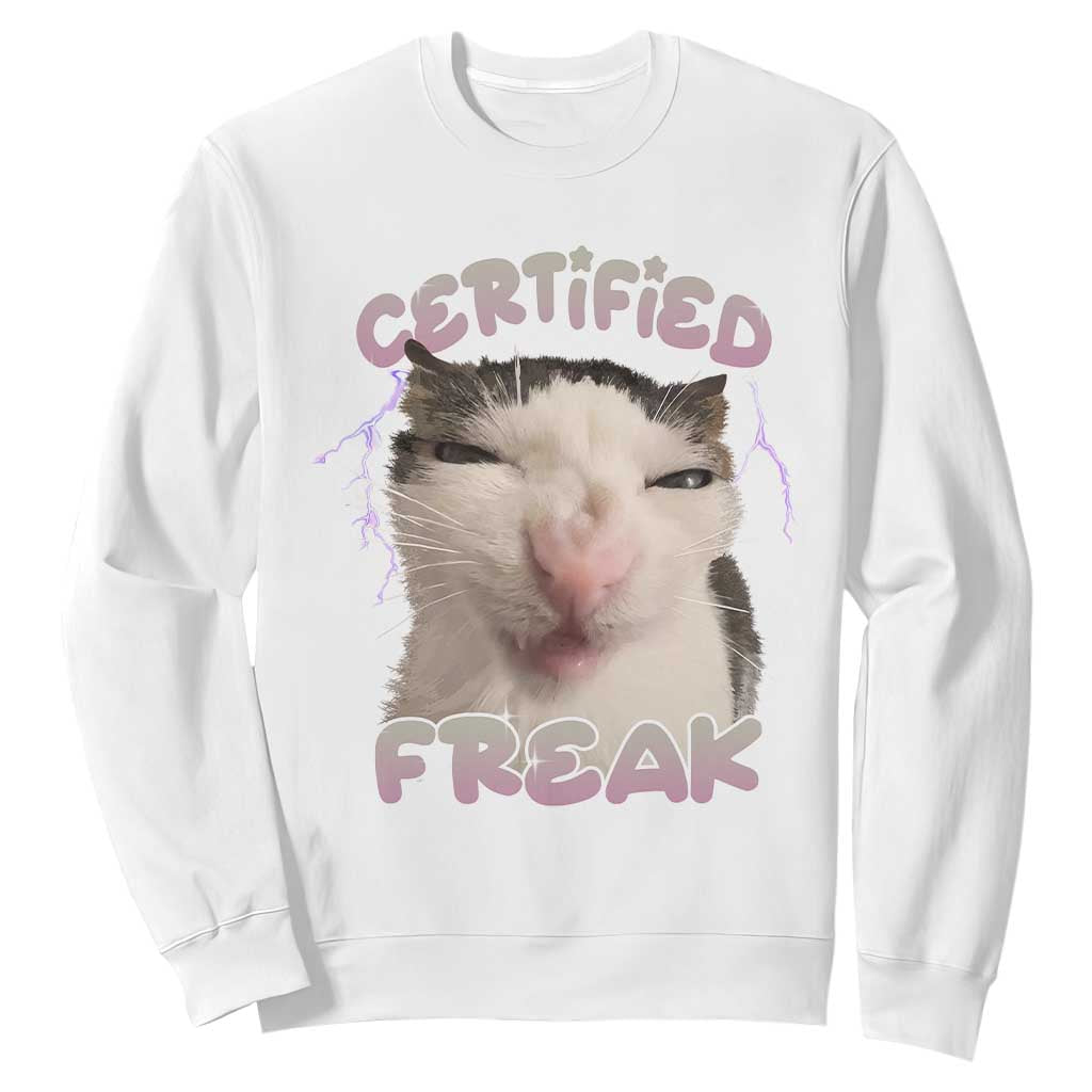 Funny Cat Meme Sweatshirt Certified Freak Eat Cement Cursed Cat TS02 White Print Your Wear