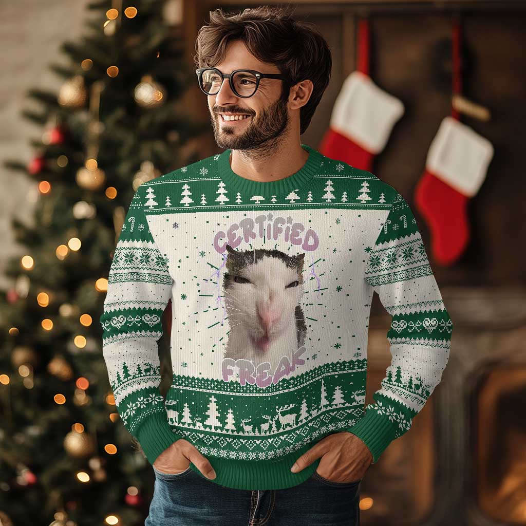 Funny Cat Meme Ugly Christmas Sweater Certified Freak Eat Cement Cursed Cat TS02 Green Print Your Wear
