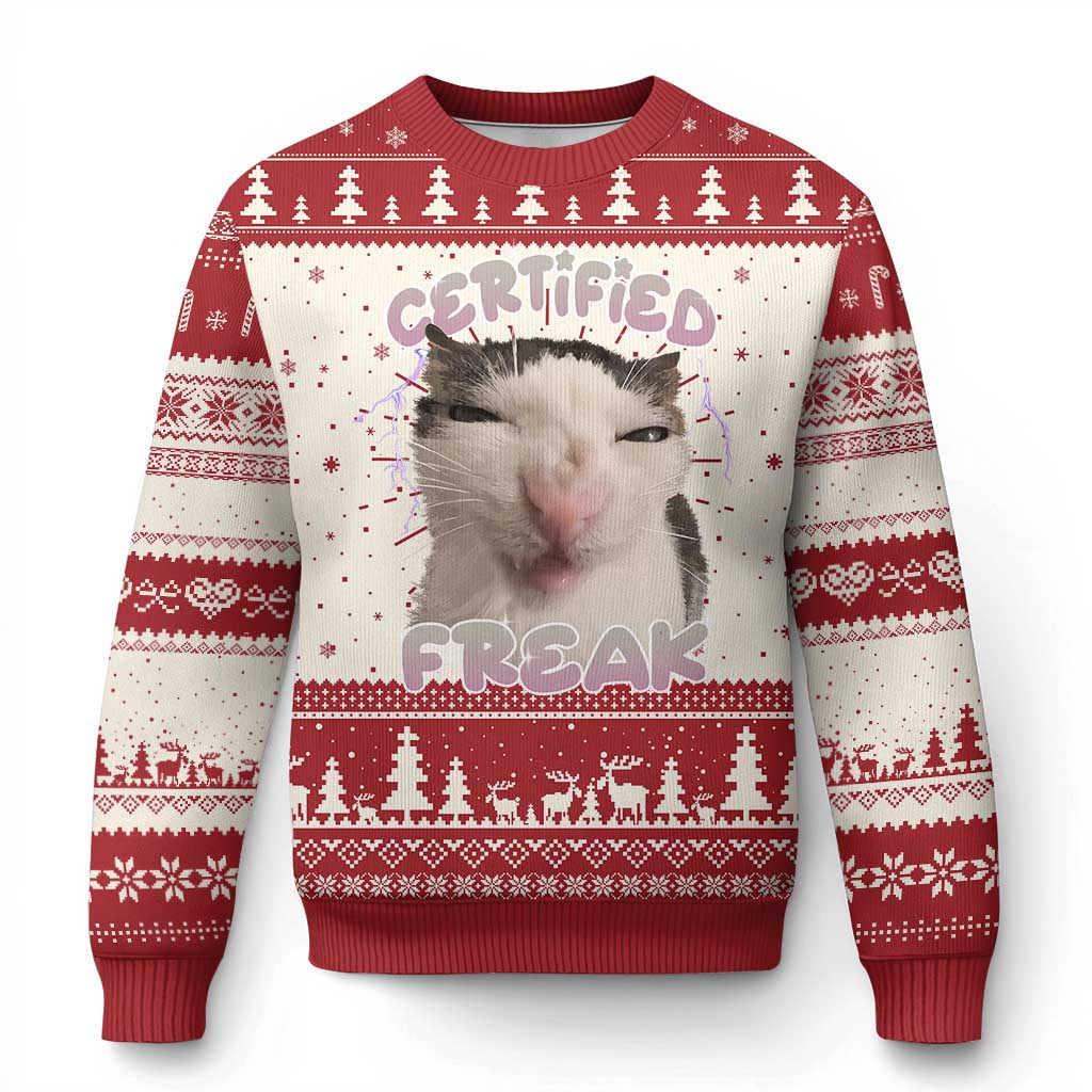 Funny Cat Meme Ugly Christmas Sweater Certified Freak Eat Cement Cursed Cat TS02 Red Print Your Wear