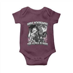 Funny Alpha Wolf Meme Baby Onesie Hide Your Wife The Alpha Is Here Humorous Cringe TS02 Maroon Print Your Wear