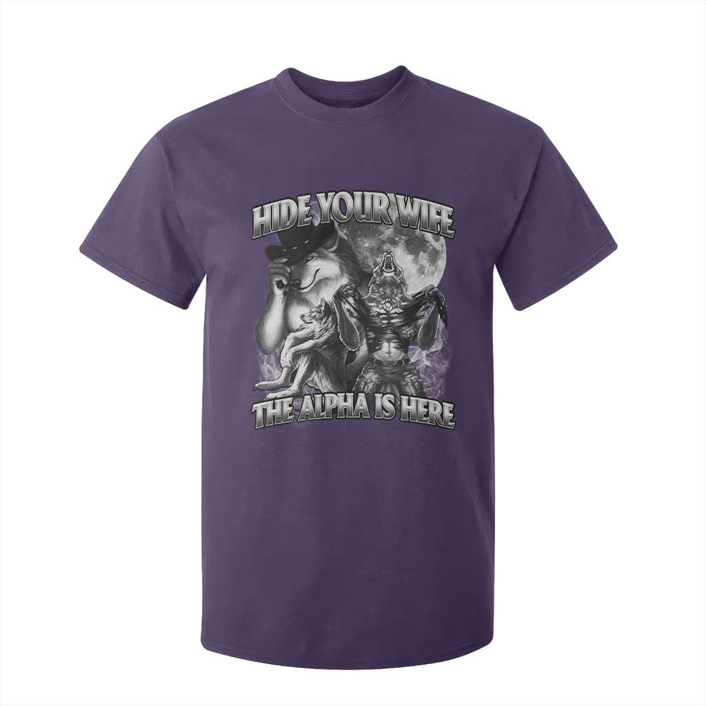 Funny Alpha Wolf Meme T Shirt For Kid Hide Your Wife The Alpha Is Here Humorous Cringe TS02 Purple Print Your Wear