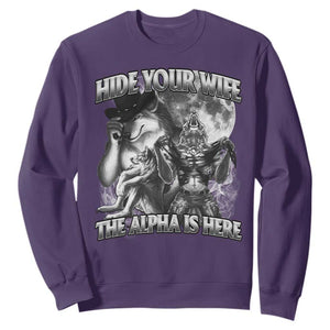Funny Alpha Wolf Meme Sweatshirt Hide Your Wife The Alpha Is Here Humorous Cringe TS02 Purple Print Your Wear