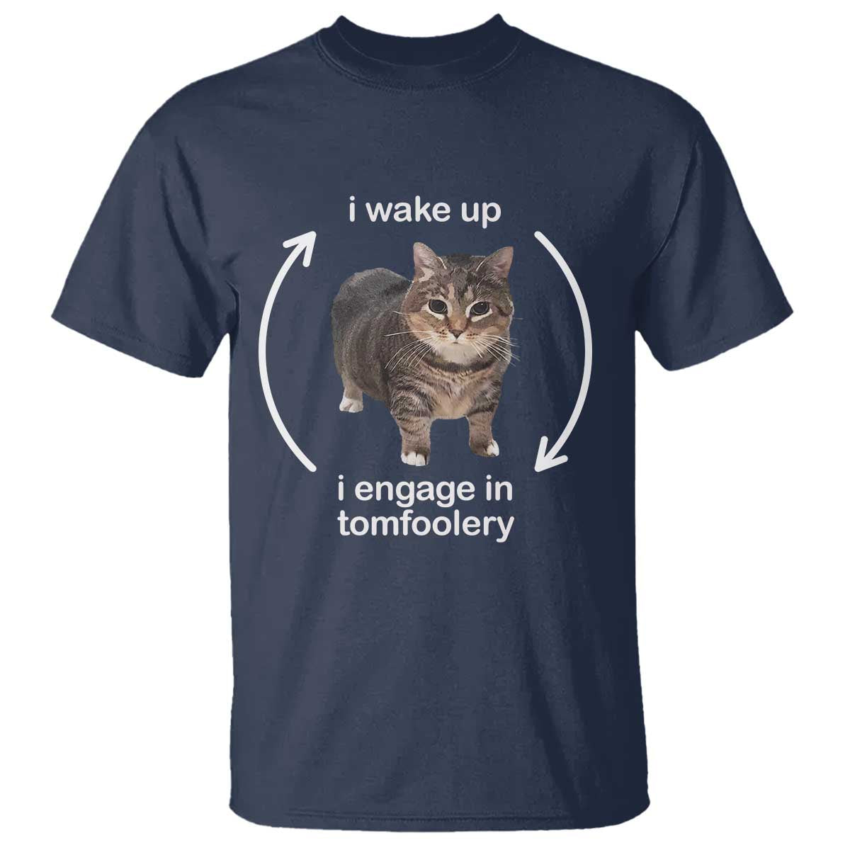 Funny Silly Cat Meme T Shirt I Wake Up I Engage In Tomfoolery TS02 Navy Print Your Wear