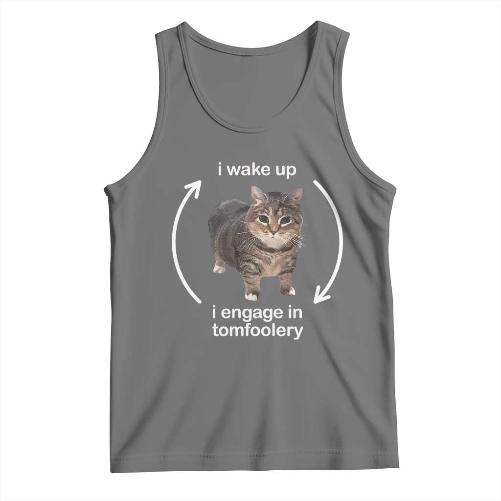 Funny Silly Cat Meme Tank Top I Wake Up I Engage In Tomfoolery TS02 Black Heather Print Your Wear