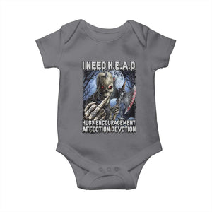 Funny Cringe Hard Skeleton Meme Baby Onesie I Need HEAD Hugs Encouragement Affection Devotion Middle Finger Edgy Hard Cringe TS02 Charcoal Print Your Wear