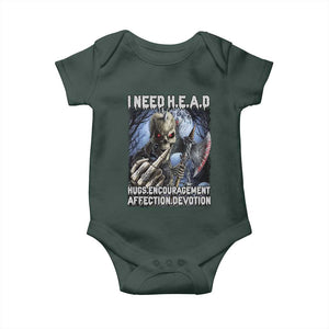 Funny Cringe Hard Skeleton Meme Baby Onesie I Need HEAD Hugs Encouragement Affection Devotion Middle Finger Edgy Hard Cringe TS02 Dark Forest Green Print Your Wear