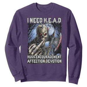 Funny Cringe Hard Skeleton Meme Sweatshirt I Need HEAD Hugs Encouragement Affection Devotion Middle Finger Edgy Hard Cringe TS02 Purple Print Your Wear