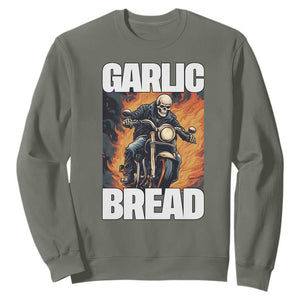 Skeleton Meme Sweatshirt Garlic Bread Flaming Biker On Fire Funny Edgy Hard Cringe TS02 Military Green Print Your Wear