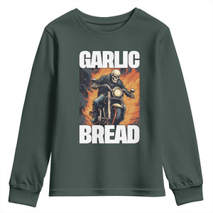 Skeleton Meme Youth Sweatshirt Garlic Bread Flaming Biker On Fire Funny Edgy Hard Cringe TS02 Dark Forest Green Print Your Wear