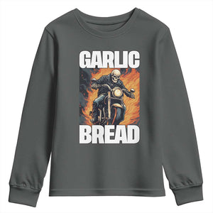 Skeleton Meme Youth Sweatshirt Garlic Bread Flaming Biker On Fire Funny Edgy Hard Cringe TS02 Dark Heather Print Your Wear