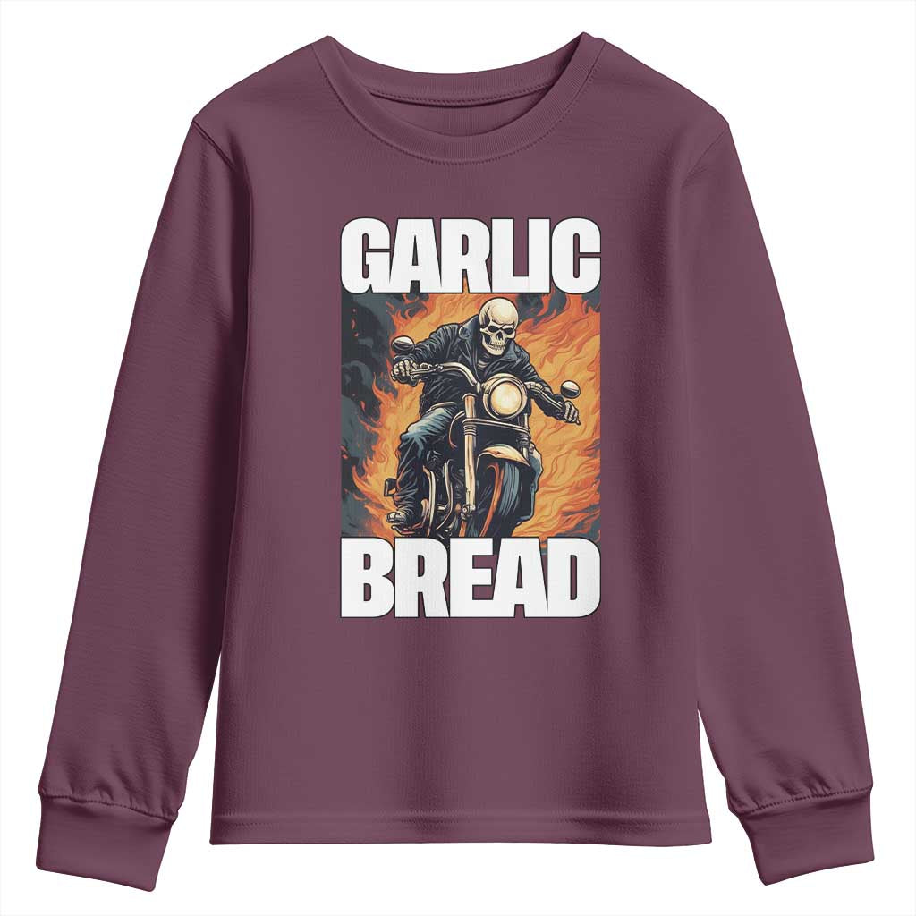 Skeleton Meme Youth Sweatshirt Garlic Bread Flaming Biker On Fire Funny Edgy Hard Cringe TS02 Maroon Print Your Wear